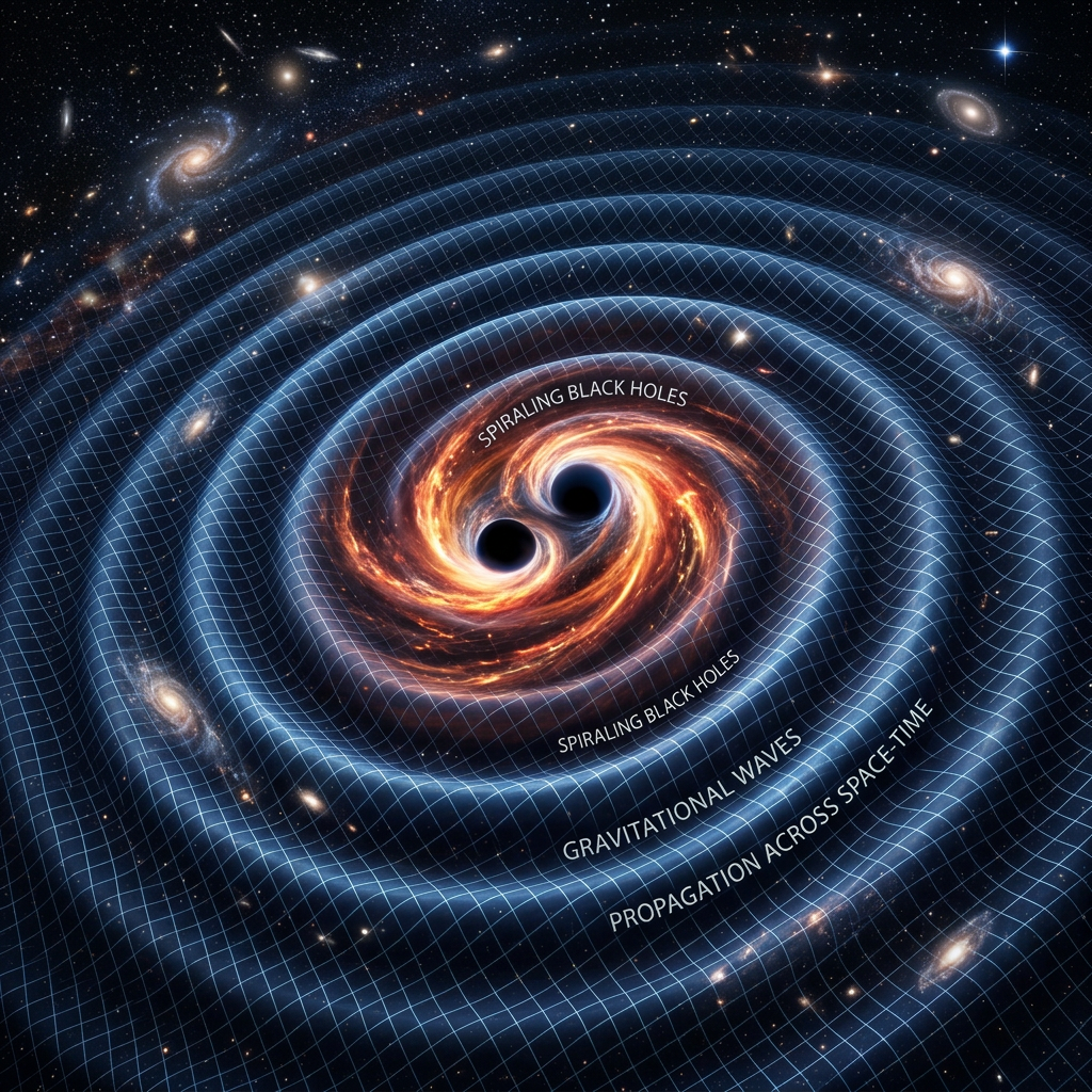 Two black holes spiraling and merging with gravitational waves propagating across space-time grid