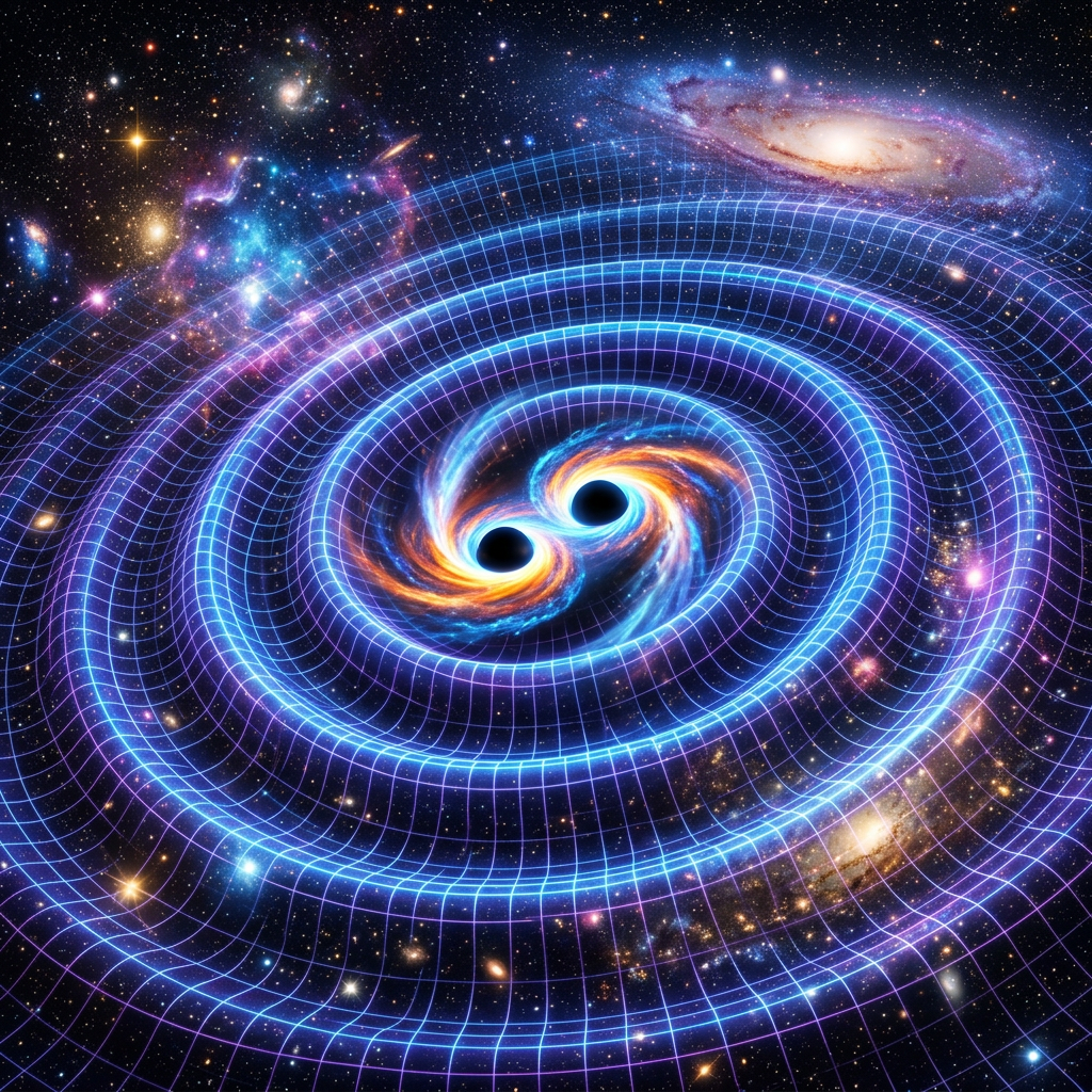 Two black holes merging with surrounding gravitational waves depicted as rippling grid lines in space
